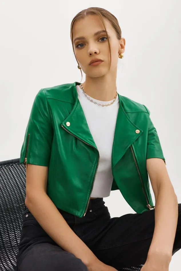 Women KIRSI GOLD Cropped Biker Jacket Vibrant Green LAMARQUE Biker Jackets Women KIRSI GOLD Cropped Biker Jacket Vibrant Green LAMARQUE Biker Jackets