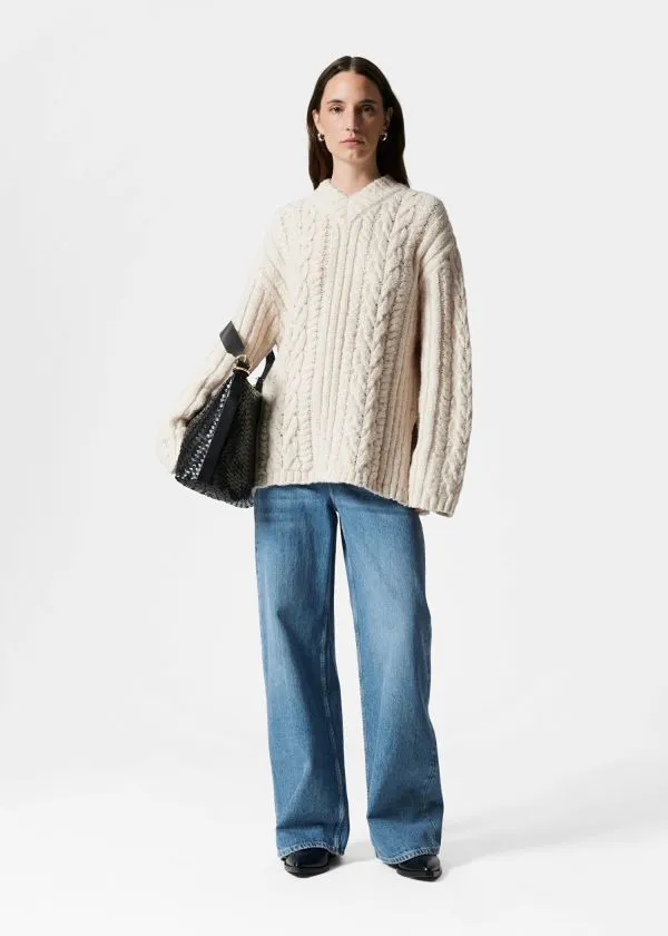 Women Knitwear and Other Stories CableKnit VNeck Jumper Ecru