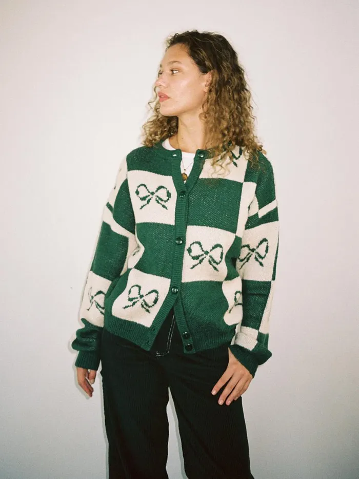 Women Lauda Cardi Emerald Bow Check Lisa Says Gah Sweaters
