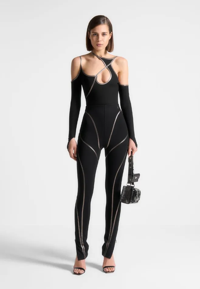 Women Manire De Voir Chrome Piped Contour Leggings Black