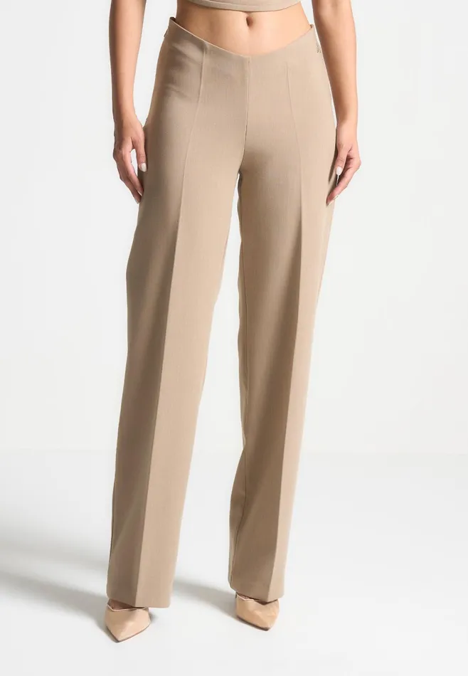 Women Manire De Voir Curved Waist Tailored Trousers Dark Beige