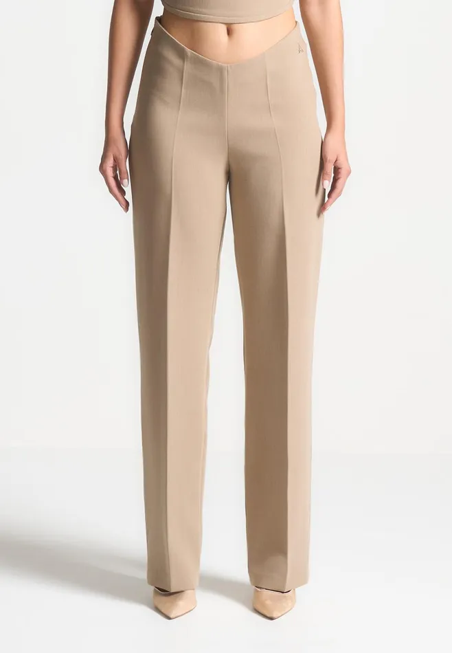 Women Manire De Voir Curved Waist Tailored Trousers Dark Beige