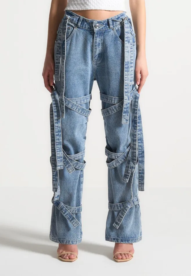 Women Manire De Voir Denim Strap Cargo Jeans Mid Blue