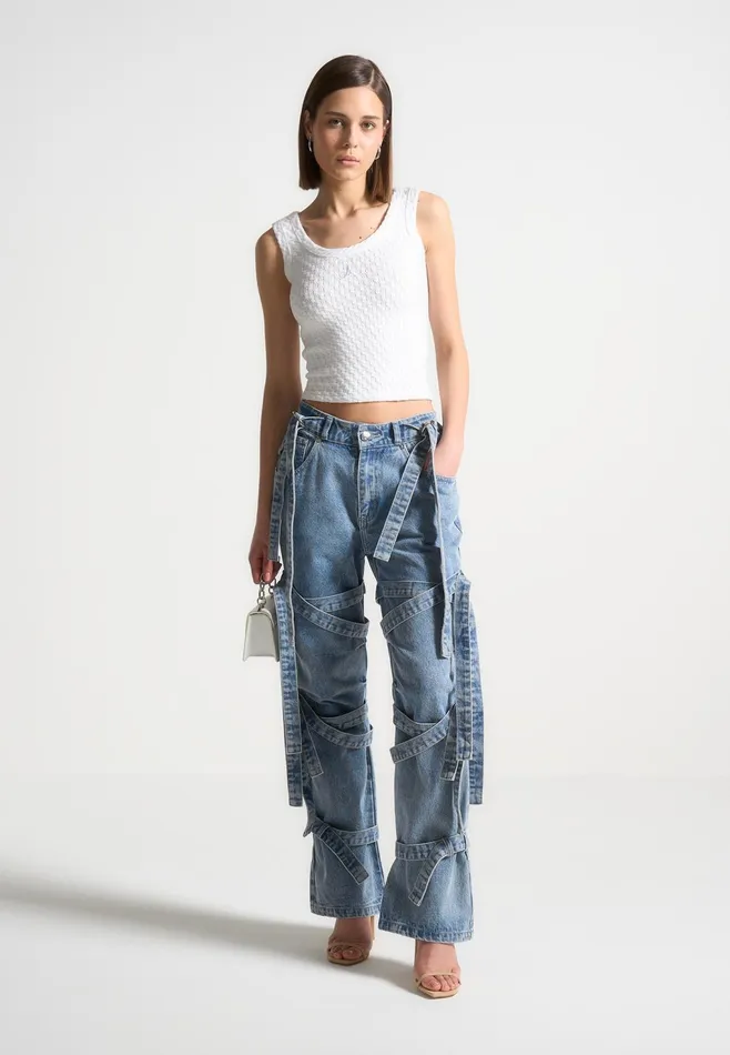 Women Manire De Voir Denim Strap Cargo Jeans Mid Blue