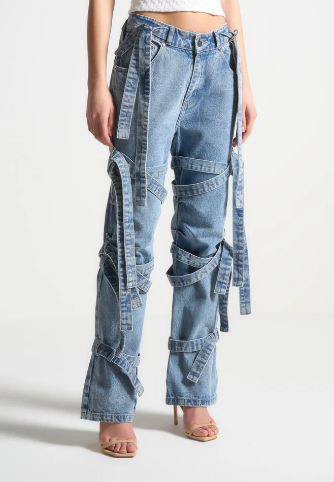 Women Manire De Voir Denim Strap Cargo Jeans Mid Blue