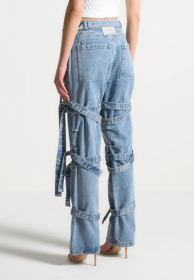 Women Manire De Voir Denim Strap Cargo Jeans Mid Blue