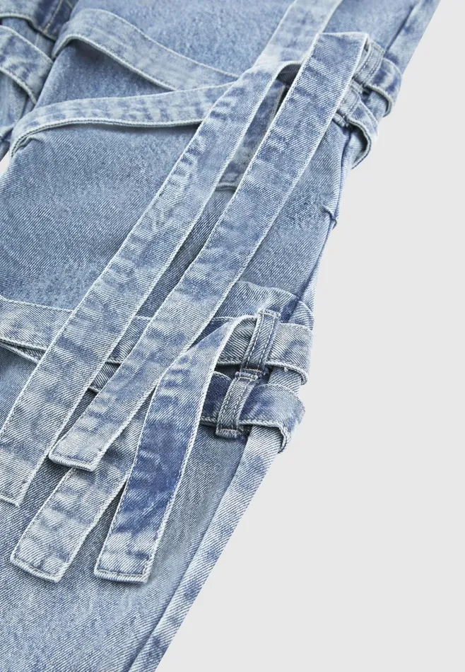 Women Manire De Voir Denim Strap Cargo Jeans Mid Blue