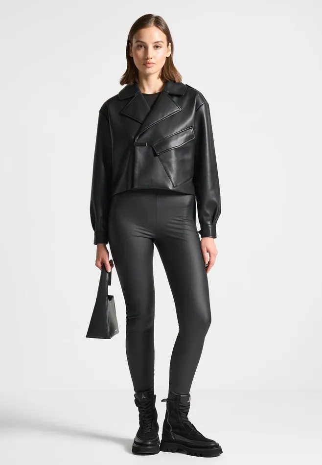 Women Manire De Voir Double Breasted Leather Biker Jacket Black
