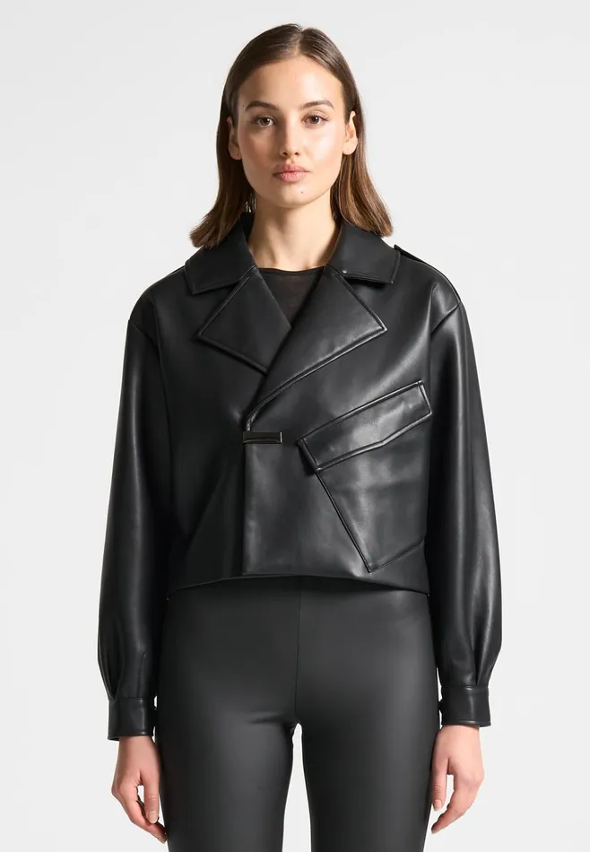 Women Manire De Voir Double Breasted Leather Biker Jacket Black