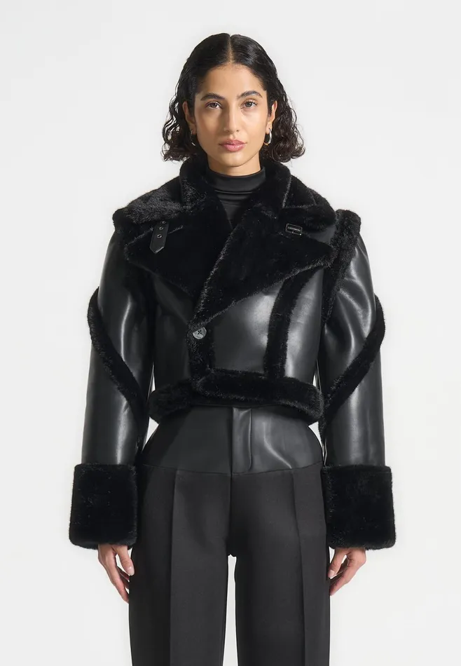 Women Manire De Voir Leather and Plush 2In1 Gilet Jacket Black