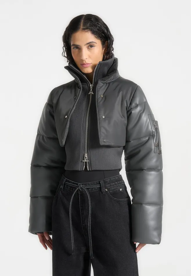 Women Manire De Voir Leather And Nylon Layered Puffer Jacket Grey