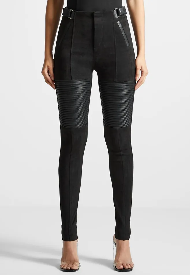 Women Manire De Voir Leather And Suede Ribbed Leggings Black