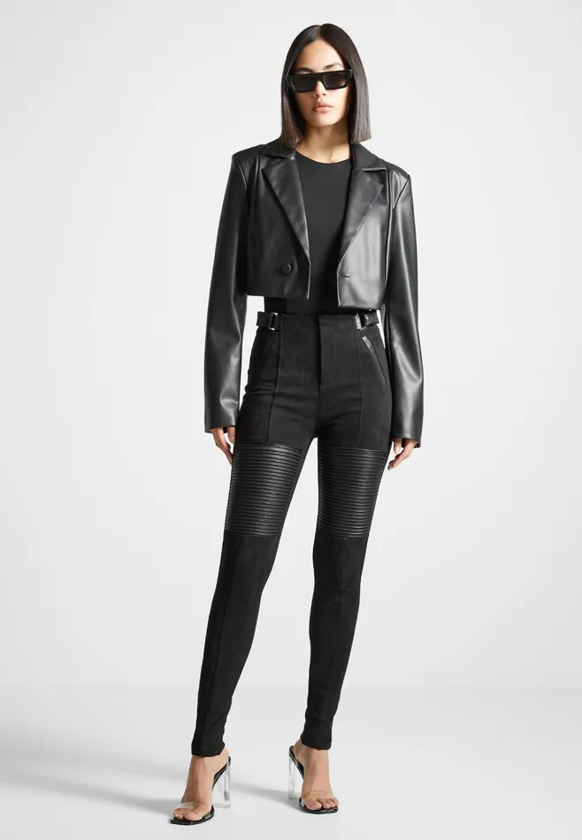 Women Manire De Voir Leather And Suede Ribbed Leggings Black
