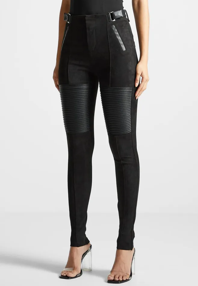 Women Manire De Voir Leather And Suede Ribbed Leggings Black