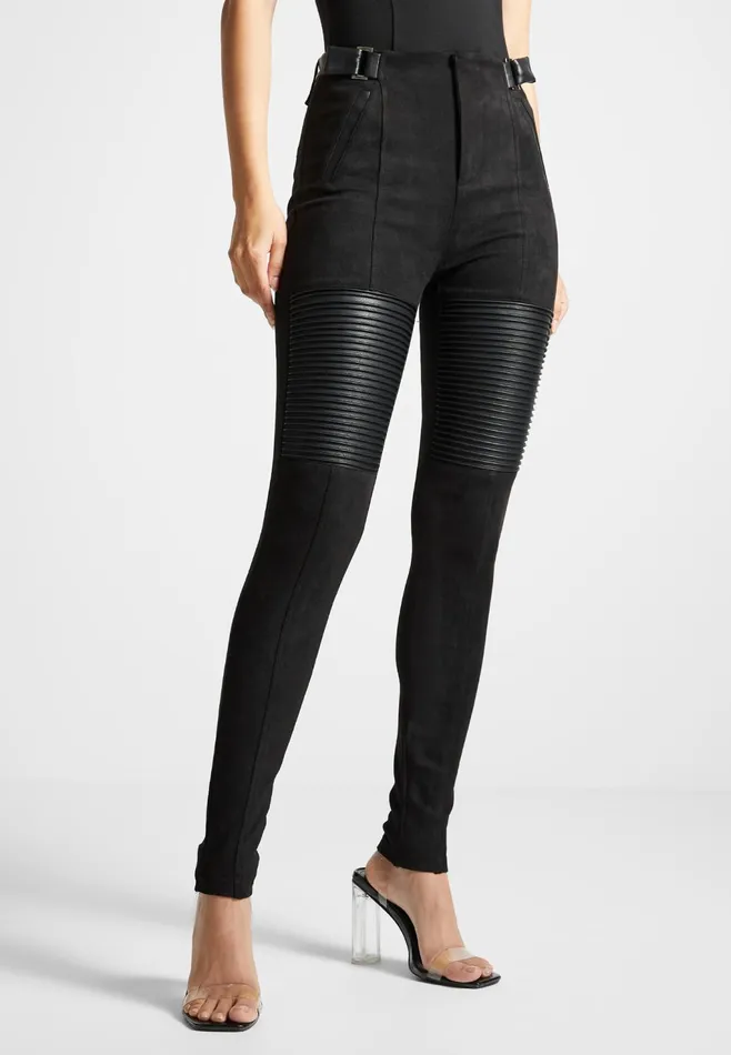 Women Manire De Voir Leather And Suede Ribbed Leggings Black