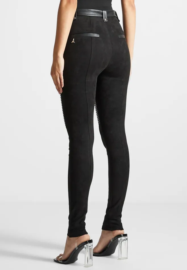 Women Manire De Voir Leather And Suede Ribbed Leggings Black