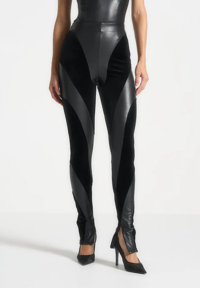Women Manire De Voir Leather And Velour Contour Leggings Black