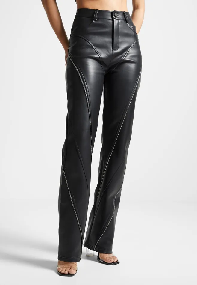 Women Manire De Voir Leather Biker Trousers With Zip Black