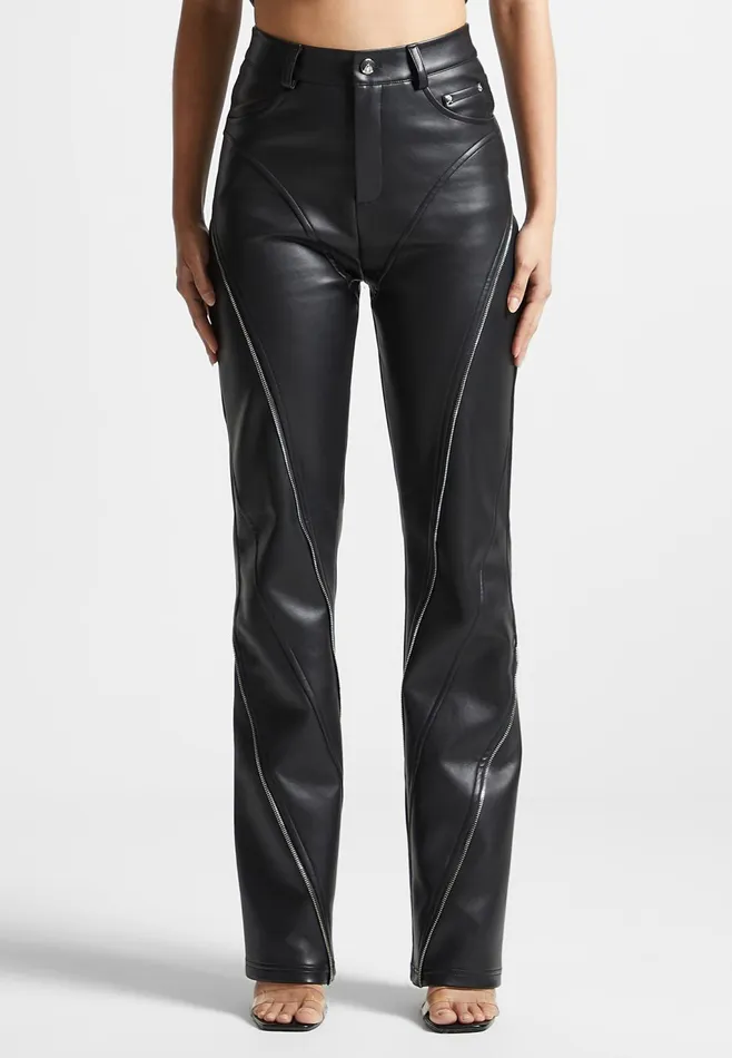 Women Manire De Voir Leather Biker Trousers With Zip Black