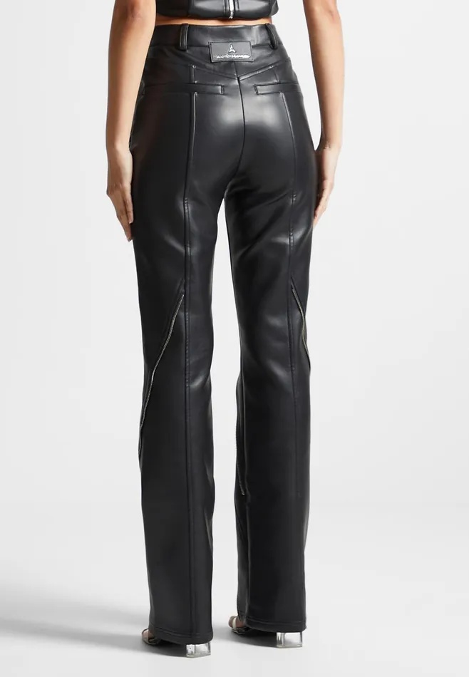 Women Manire De Voir Leather Biker Trousers With Zip Black