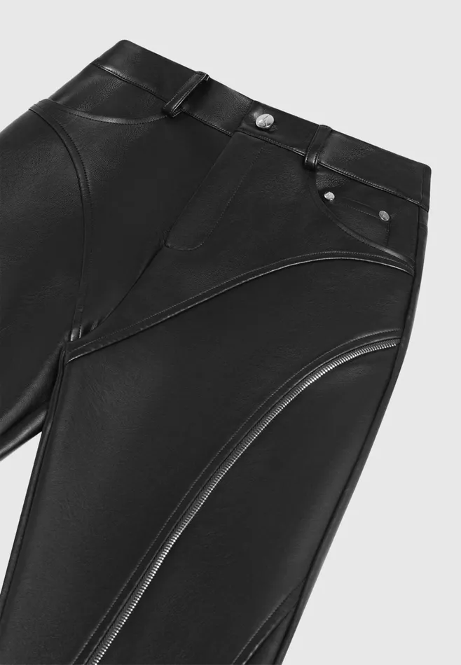 Women Manire De Voir Leather Biker Trousers With Zip Black