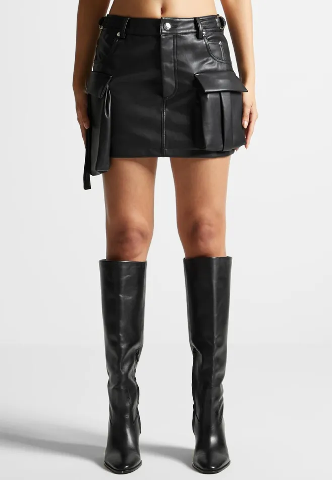 Women Manire De Voir Leather Cargo Mini Skirt Black