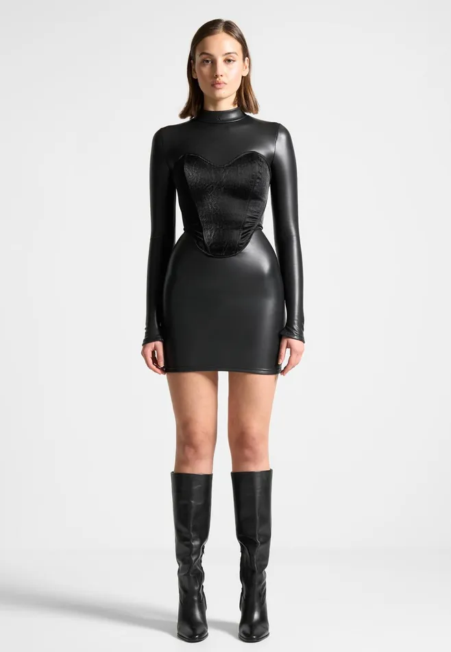 Women Manire De Voir Leather Corset Overlay Dress Black