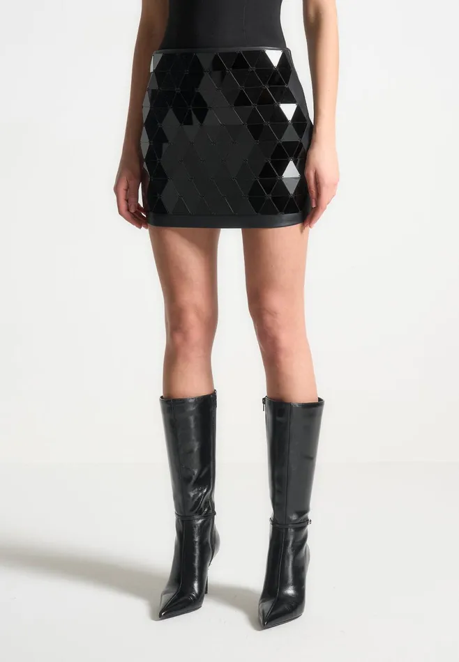 Women Manire De Voir Leather Mirrored Mini Skirt Blackblack