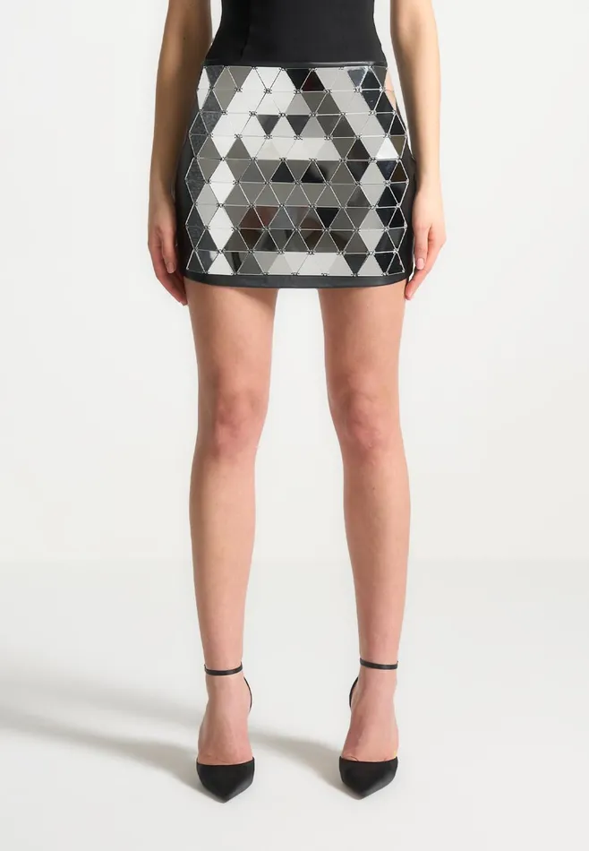 Women Manire De Voir Leather Mirrored Mini Skirt Silverblack