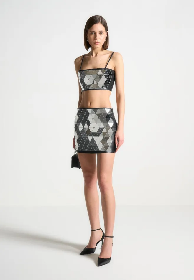 Women Manire De Voir Leather Mirrored Mini Skirt Silverblack