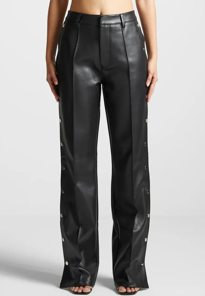 Women Manire De Voir Leather Pintuck Popper Trousers Black