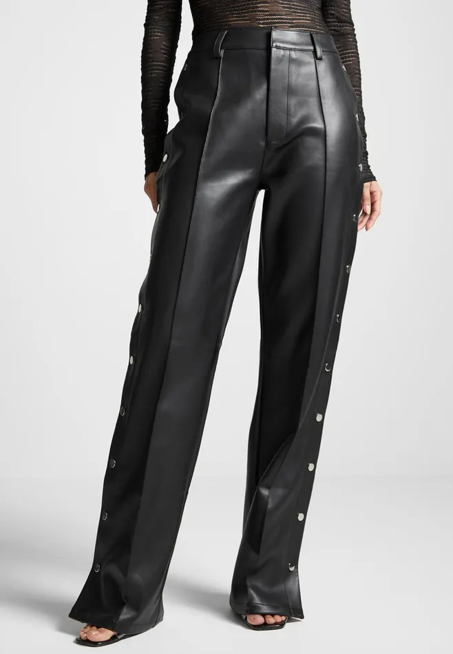 Women Manire De Voir Leather Pintuck Popper Trousers Black