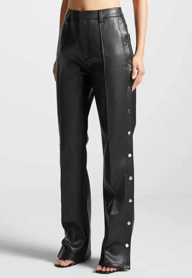 Women Manire De Voir Leather Pintuck Popper Trousers Black