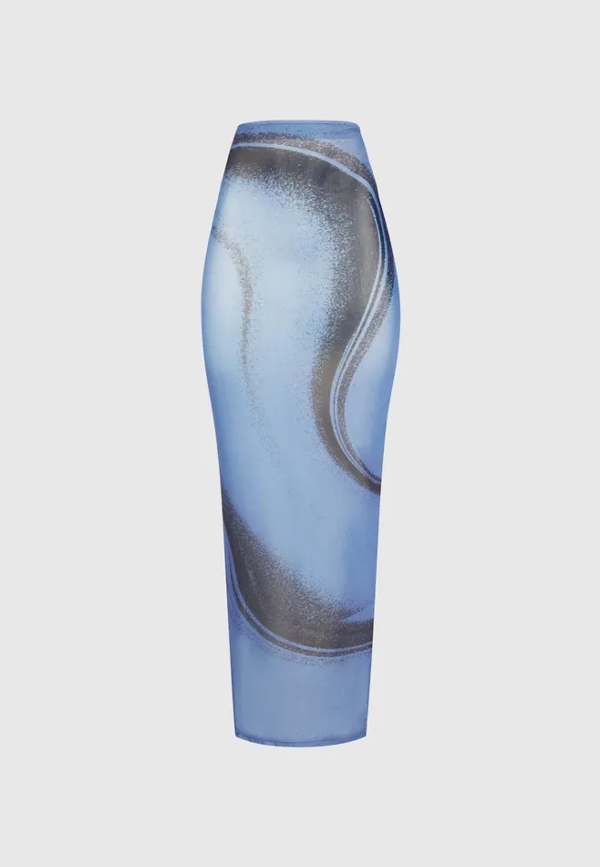 Women Manire De Voir Mesh Printed Maxi Skirt Blue