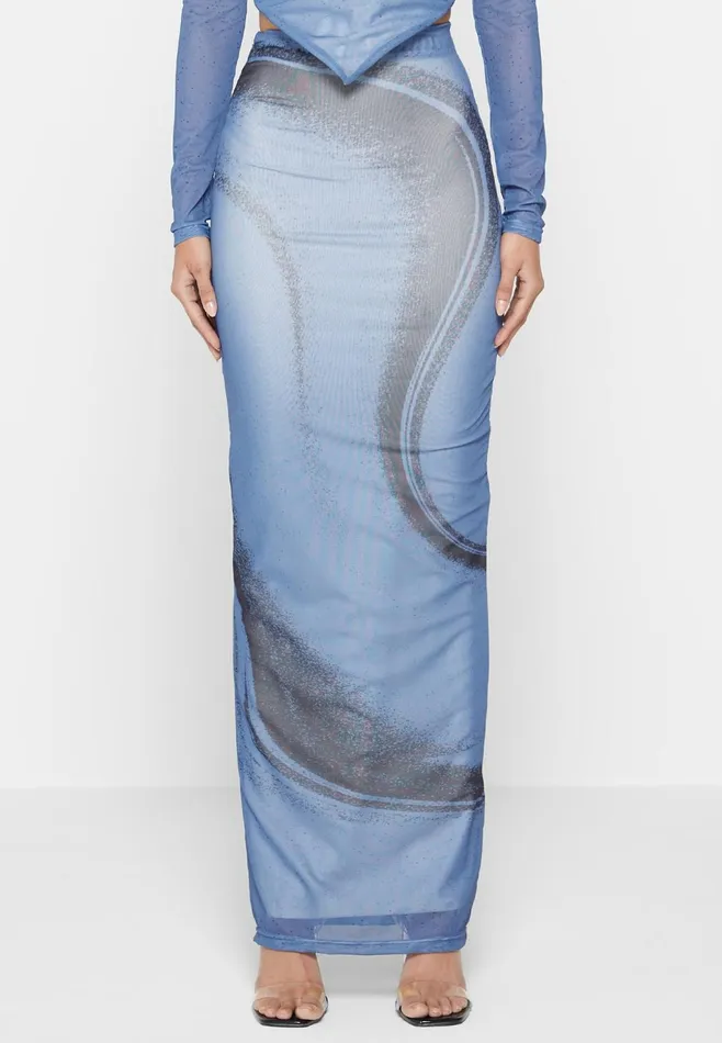 Women Manire De Voir Mesh Printed Maxi Skirt Blue