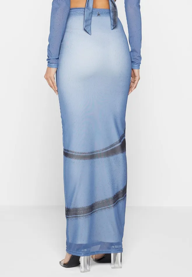 Women Manire De Voir Mesh Printed Maxi Skirt Blue