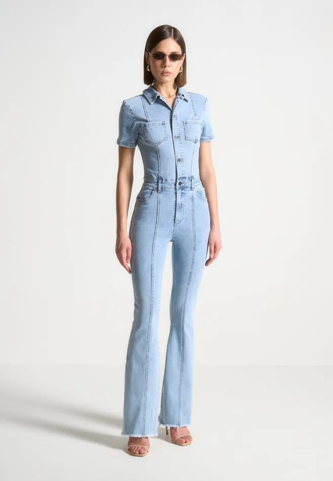 Women Manire De Voir Mini Flared Denim Jumpsuit Mid Blue