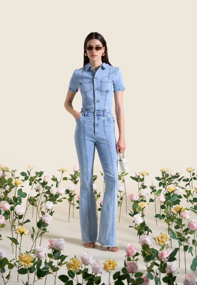 Women Manire De Voir Mini Flared Denim Jumpsuit Mid Blue