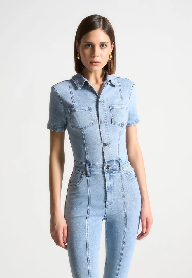 Women Manire De Voir Mini Flared Denim Jumpsuit Mid Blue