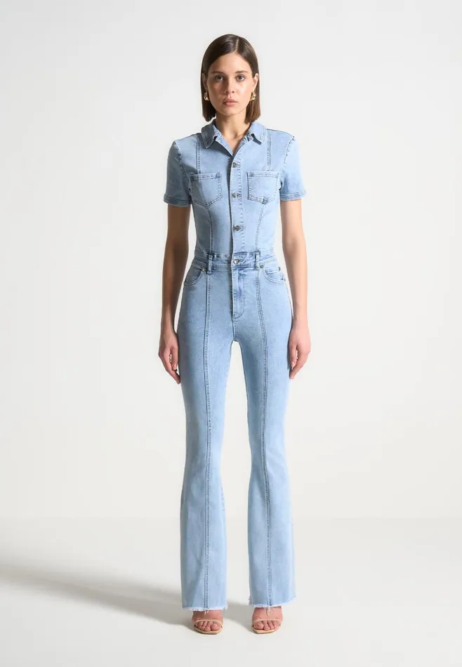 Women Manire De Voir Mini Flared Denim Jumpsuit Mid Blue