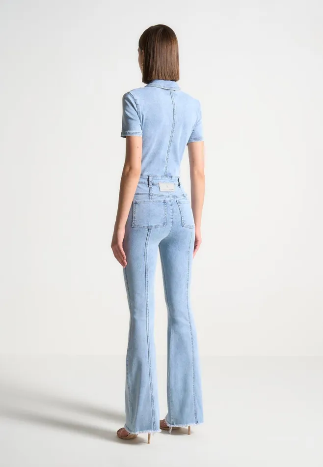 Women Manire De Voir Mini Flared Denim Jumpsuit Mid Blue