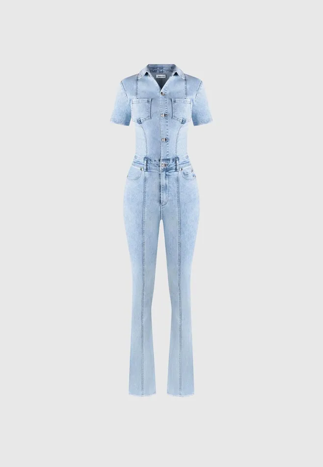 Women Manire De Voir Mini Flared Denim Jumpsuit Mid Blue