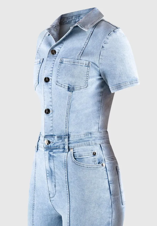 Women Manire De Voir Mini Flared Denim Jumpsuit Mid Blue