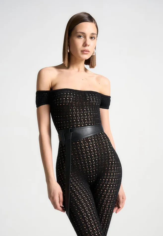 Women Manire De Voir Pointelle Knit Bardot Jumpsuit With Belt Black