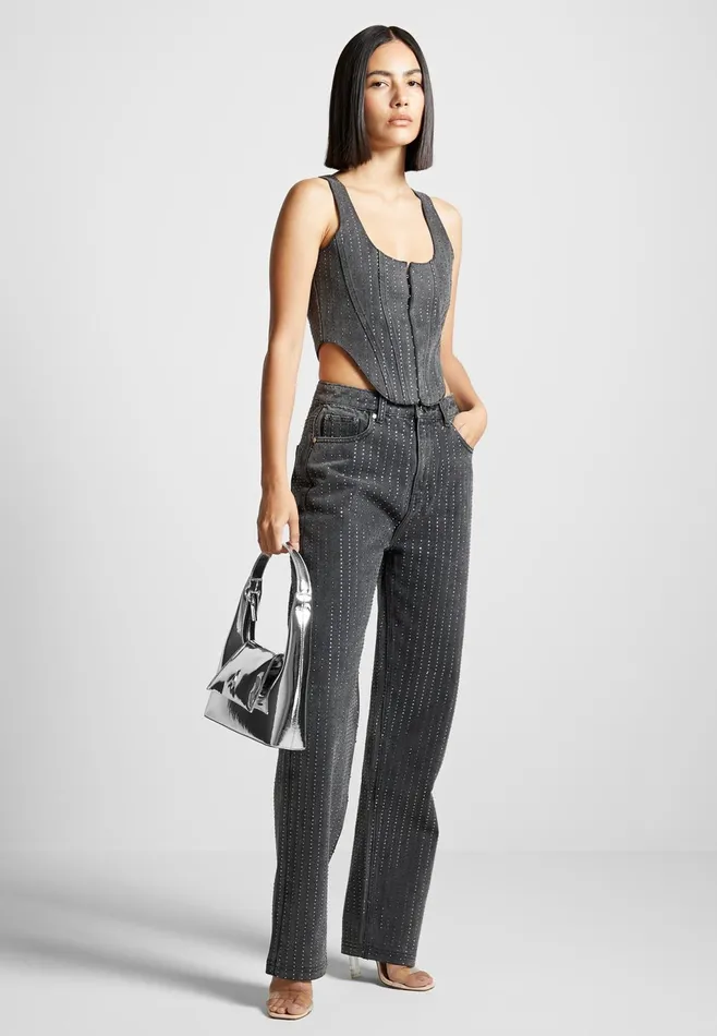 Women Manire De Voir Rhinestone Mom Jeans Washed Grey