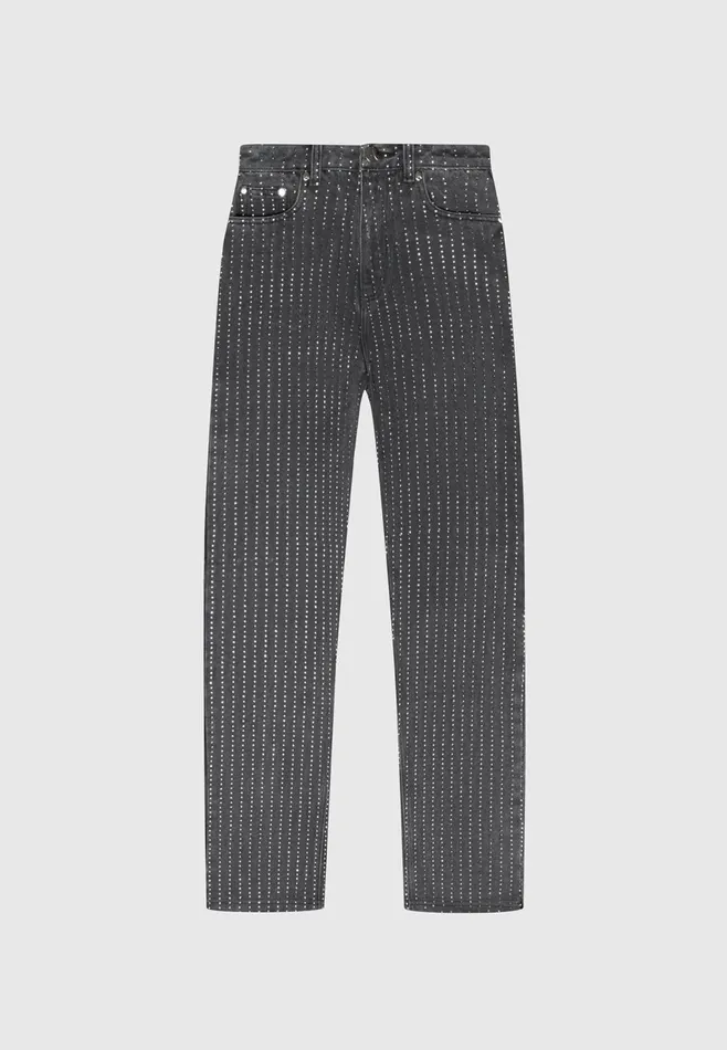 Women Manire De Voir Rhinestone Mom Jeans Washed Grey