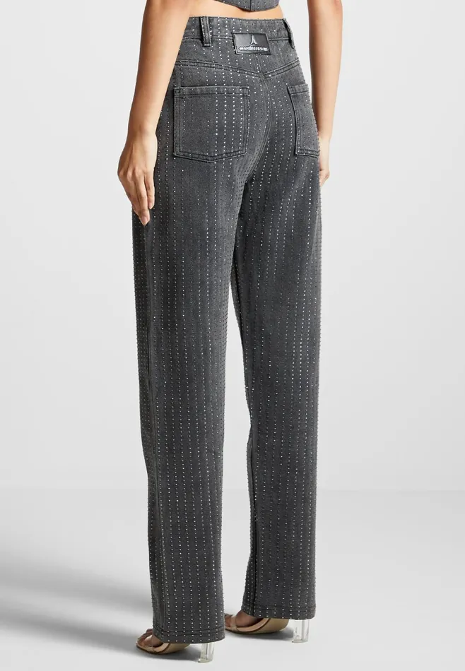 Women Manire De Voir Rhinestone Mom Jeans Washed Grey