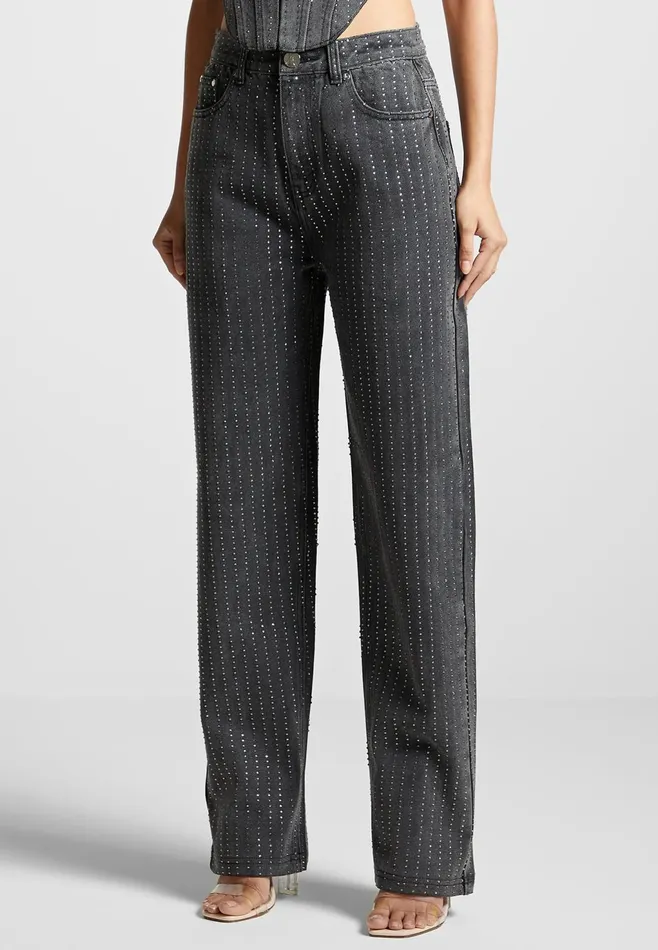 Women Manire De Voir Rhinestone Mom Jeans Washed Grey