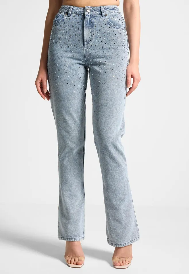 Women Manire De Voir Scattered Rhinestone Mini Flare Jeans Mid Blue