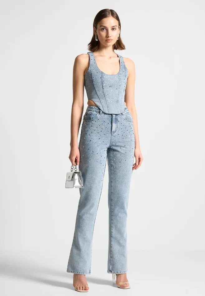 Women Manire De Voir Scattered Rhinestone Mini Flare Jeans Mid Blue